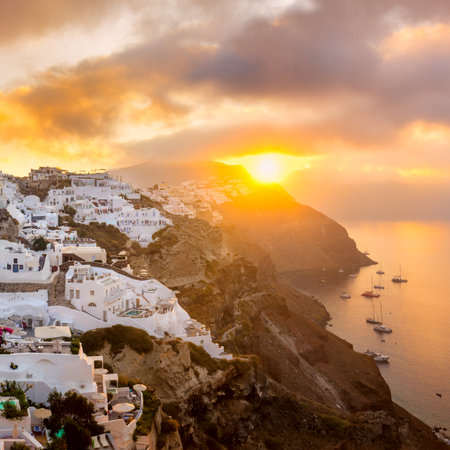 Beautiful view of Oia at sunrise, Santoriniの写真素材