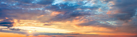 Panoramic Ave Sunrise Sundown Sanset Sky with colorful clouds, without any birds. Big size sky panoramic viewの写真素材