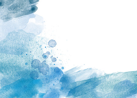 Blue Abstract watercolor backround border on white with splash grunge dotsの写真素材