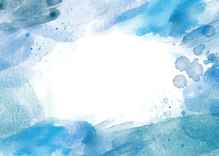 Blue Abstract watercolor backround frame border on white with splash grunge dotsの写真素材