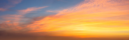 Real Sky Panoramic view of Sunset Sunrise Sundown Skyscape with gentle colorful clouds, long...
