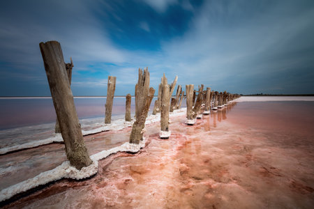 Unique landscape of salt lake, natural pink color of salty water. Long exposure shot. Real natural...