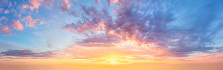 Huge size Panoramic view of Sunset Sunrise Sundown Sky with colorful clouds, long panorama, crop itの写真素材
