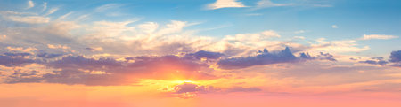 Panoranic Sunrise Sundown Sky with colorful clouds and real sun, huge size panoramaの写真素材