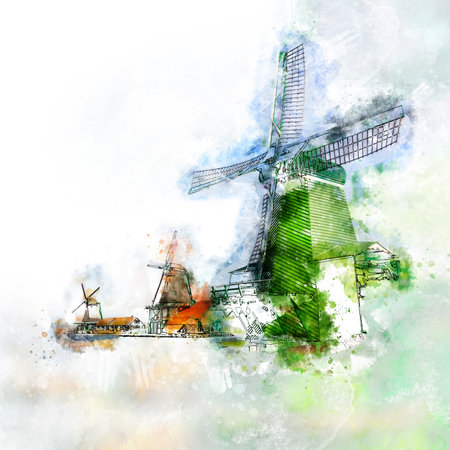 Watercolor style of windmills in the hande made style Holland, Europe. Zaanse Schans is a famous Dutch village with windmills, Tourism. Popular Holland, Netherlands, Europe.の写真素材