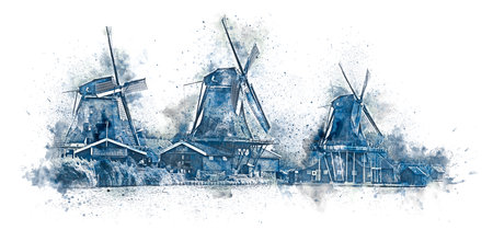 Watercolor art of windmills in the style of the popular Delft blue painting. Popular painting of Holland. Art image on a white background. Holland, Europe. Based on a real photo.の写真素材