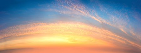 Majestic Panoramic sunrise sundown sky background with light colorful clouds. Panorama, sky backgroundの写真素材
