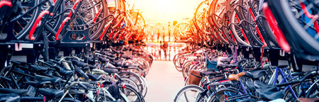Large public city bike parking. Eco-friendly transport for a healthy life. Bicycle parking in Amsterdam, Holland. Panoramic view, large sizeの写真素材