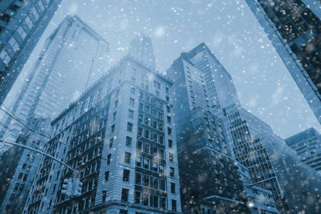 Famous Wall Street in New York City, Christmas time - snow winter blue background. NYC, USAの写真素材