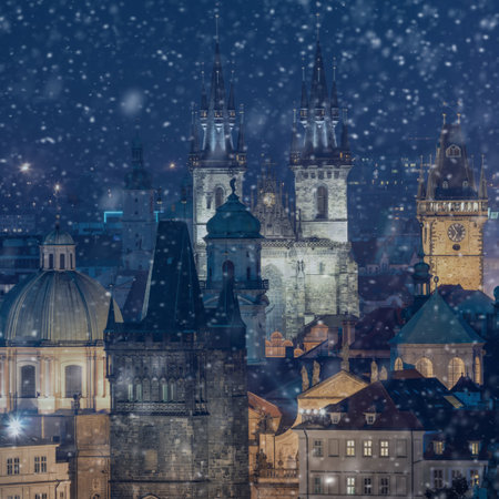 Fantastic aerial view of Prague winter snow night landmarks - roofs, castles and churches domes, Czeh, Europeの写真素材