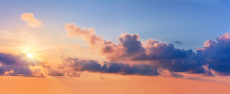 Sun Panoramic view of Sunset Sunrise Sundown Sky with colorful clouds, long panorama, crop itの写真素材