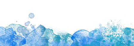 Blue Watercolor panoramic banner background isolated on white - paint stains, splashes and flows. Watercolor creative backgroundの写真素材