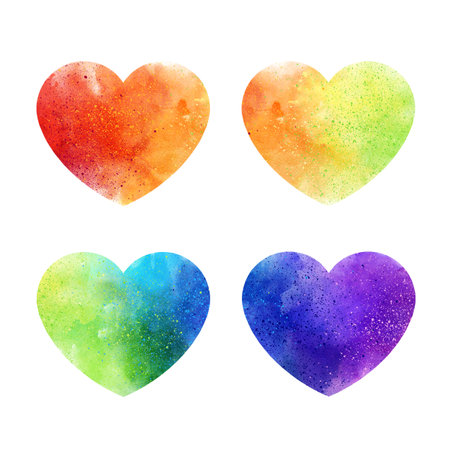 Bright hearts in love - creative watercolor background inside. Valentine's Day, Wedding Day, Mother's Day and everyone in love. Set of multi-colored hearts on a white background.の写真素材