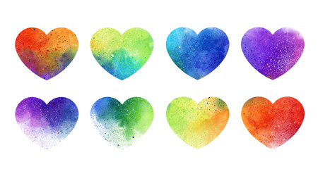 Bright hearts in love - artistic watercolor background inside. Valentine's Day, Wedding Day, Mother's Day and everyone in love. Set of multi-colored hearts on a white background.の写真素材