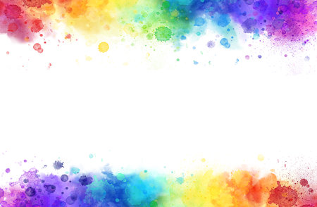 Rainbow watercolor frame background on white. Pure vibrant watercolor colors. Creative paint gradients, splashes and stains. Abstract creative design background.の写真素材