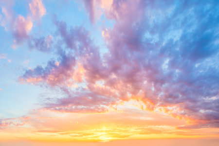 Amazing Panoramic view of Sunset Sunrise Sundown Sky with colorful clouds, panorama, summer timeの写真素材