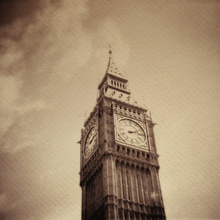 Grunge vintage background with Big Ben on a handmade paper backgroundの写真素材