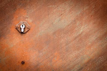 Weathered keyhole on an old rusty metal wallの写真素材