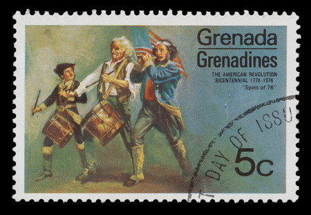 Grenada- CIRCA 1976: A post stamp printed in Grenada shows a painting of grenadines, circa 1976の写真素材