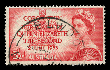 AUSTRALIA - CIRCA 1953: A stamp printed in Australia shows image of Queen Elizabeth II, series, circa 1953 のeditorial素材