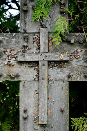 Old wooden cross in Pasvalys, Lithuaniaの写真素材