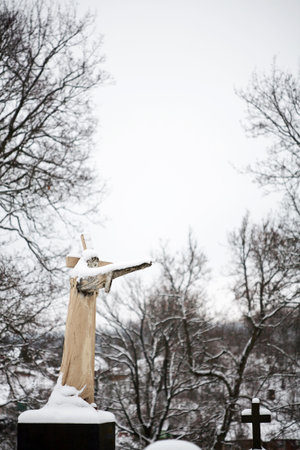 Statue of Jesus Christ at Rasu cemetery in Vilnius, Lithuaniaの写真素材