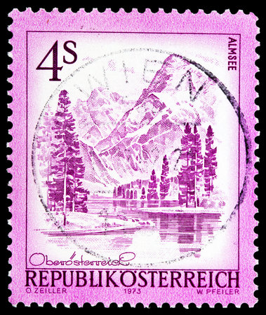 AUSTRIA - CIRCA 1973: A stamp printed in Austria, shows the lake Almsee, from the series "Sights in Austria" circa 1973 のeditorial素材
