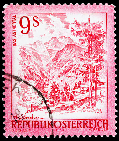 AUSTRIA - CIRCA 1983: A stamp printed in Austria shows Astnertal, Karintien, from the series "Sights in Austria" circa 1983 のeditorial素材
