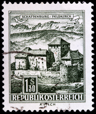 AUSTRIA - CIRCA 1967  a stamp printed in the Austria shows Schatten Castle, Feldkirch, Vorarlberg, circa 1967 のeditorial素材