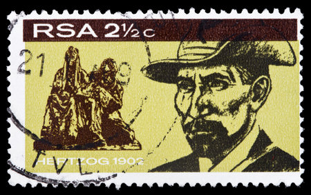 SOUTH AFRICA - CIRCA 1968  A stamp printed in South Africa issued for the inauguration of General Hertzog monument, Bloemfontein shows Hertzog in 1902, circa 1968   のeditorial素材