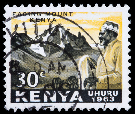 KENYA - CIRCA 1963: A stamp printed in Kenya shows image of Mount Kenya, series, circa 1963 の写真素材
