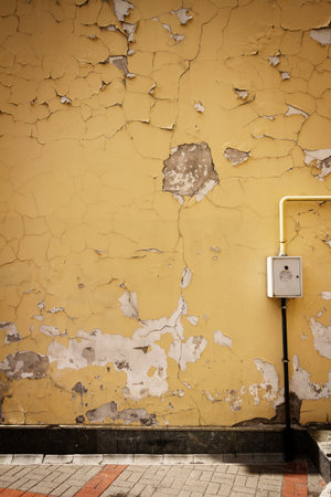 Old cracked yellow wall and pavementの写真素材
