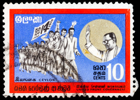 CEYLON - CIRCA 1970: A stamp printed in Ceylon shows Victory March and S.W.R.D. Bandaranaike (1899-1959), circa 1970 のeditorial素材