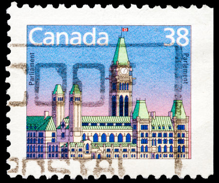 CANADA - CIRCA 1982: A stamp printed in Canada shows image of the Canadian parliament, series, circa 1982 のeditorial素材
