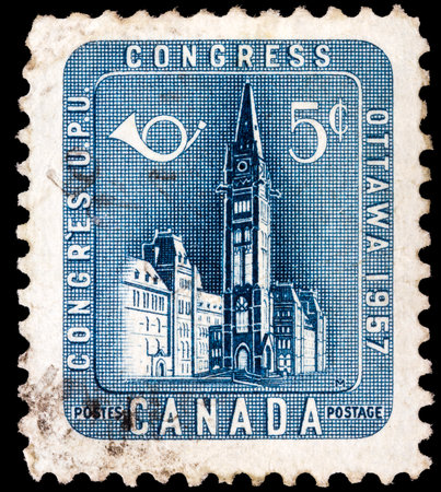 CANADA - CIRCA 1957: a stamp printed in the Canada shows Parliament Building, Ottawa, circa 1957 のeditorial素材