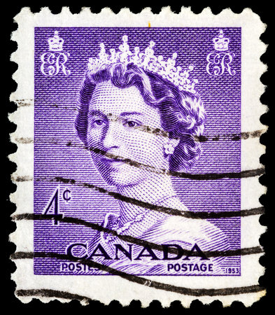 CANADA - CIRCA 1953: a stamp printed in the Canada shows Queen Elizabeth II, Queen of England, circa 1953  のeditorial素材