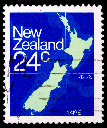 NEW ZEALAND - CIRCA 1982: A stamp printed in New Zealand shows Map of New Zealand, circa 1982.  のeditorial素材