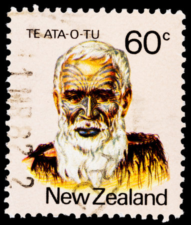 NEW ZEALAND - CIRCA 1988: A stamp printed in New Zealand shows image of Te Ata O Tu, the Maori leader, circa 1988 のeditorial素材