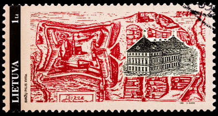 Lithuania - CIRCA 1995: A stamp printed in Lithuania shows Birzai Castle, circa 1995のeditorial素材