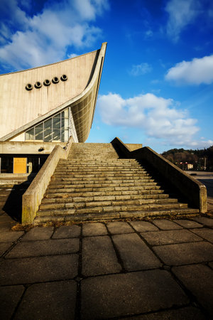 Stairs to abandoned Palace of Concerts and Sports in Vilnius, Lithuania,  polarizing filter appliedのeditorial素材