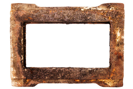 Old rusty metal frame isolated on white backgroundの写真素材