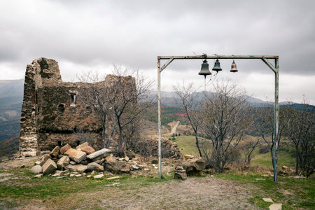 Georgian belfry by the ruinsの写真素材