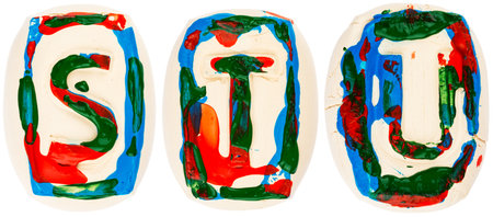 Letters made of white clay  painted with colorful acrylic paints isolated on whiteの写真素材