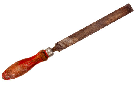 Old wood rasp with red handle isolated on white backgroundの写真素材