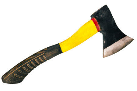 Used ax with plastic handle isolated on white backgroundの写真素材