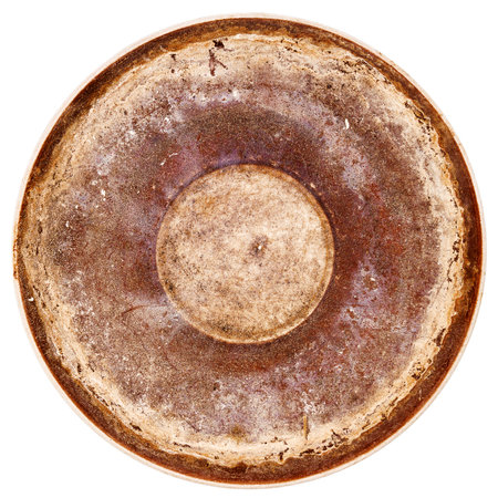Old extremely dirty plate isolated on white backgroundの写真素材