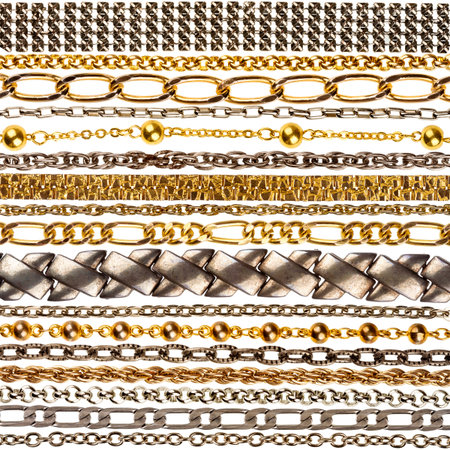 Set of various jewelry chains isolated on white background, each one shot separately