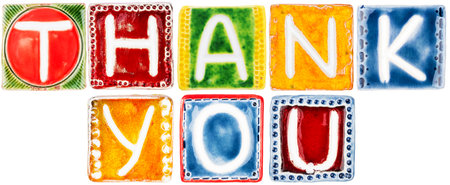 Words "THANK YOU" made from ceramic letters isolated on white backgroundの写真素材