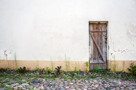 Old wooden plank door of a abandoned houseの写真素材
