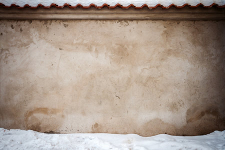 Aged gray plaster street wall and ground covered with snowの写真素材